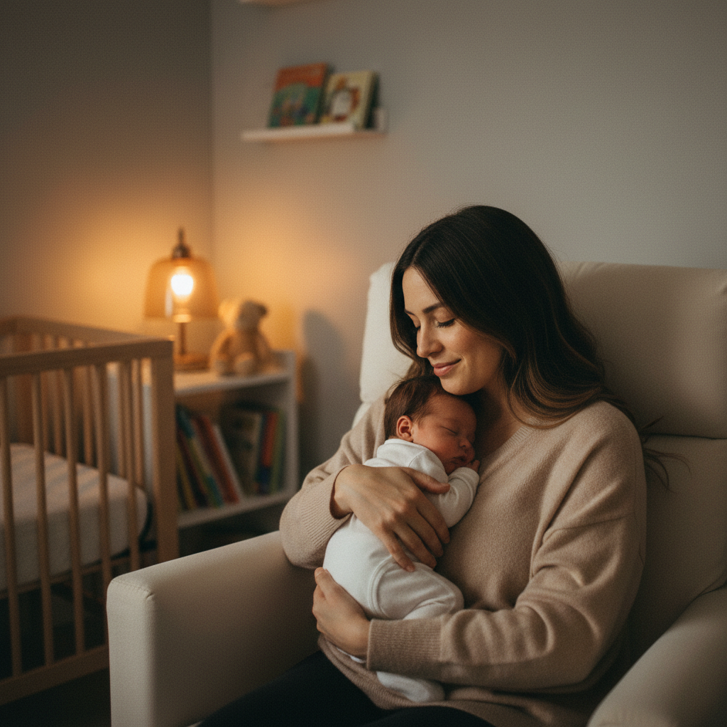 mother rocking newborn baby in nursing rocking chair at night in soft-lit nursery
