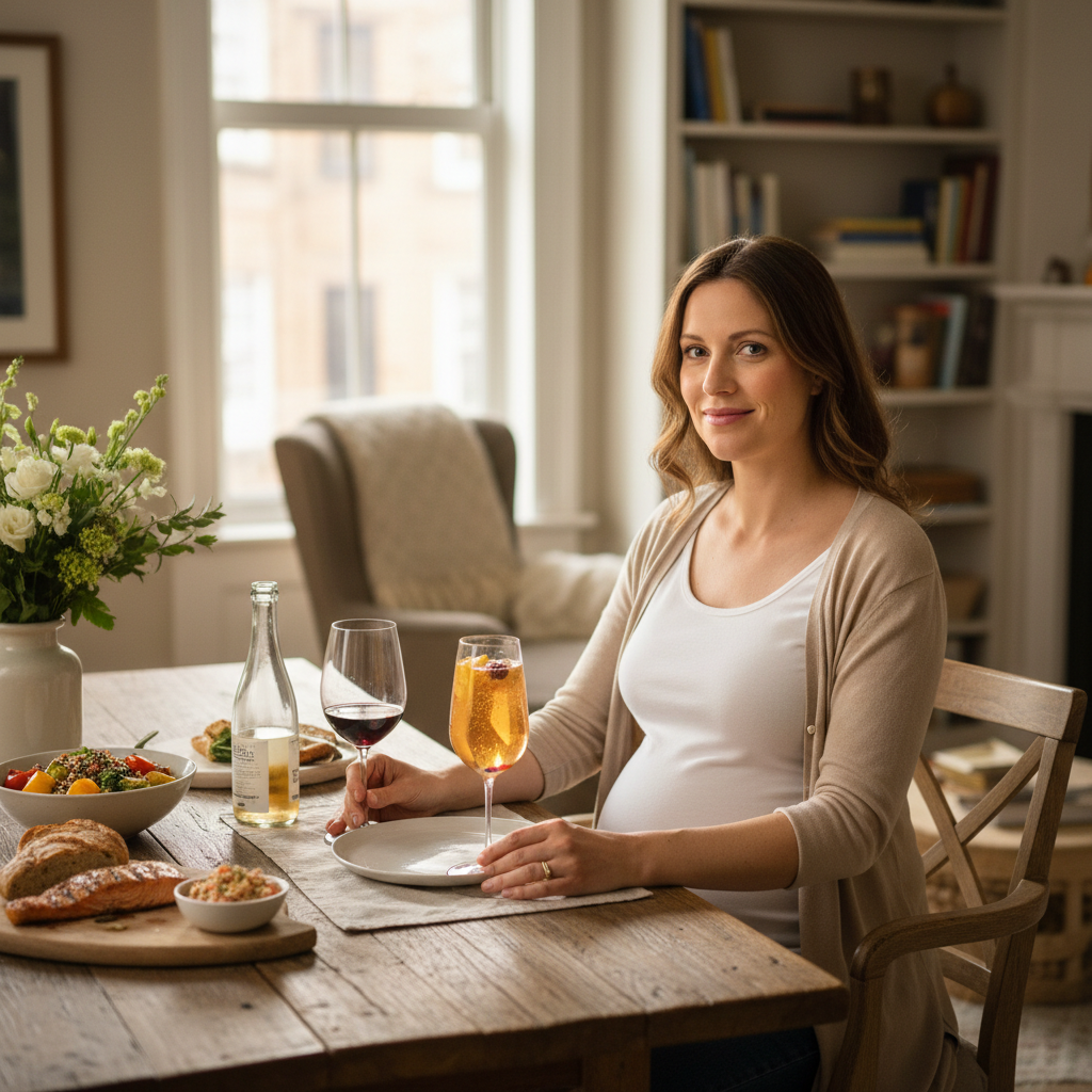 Pregnant woman choosing an alcohol-free drink instead of wine