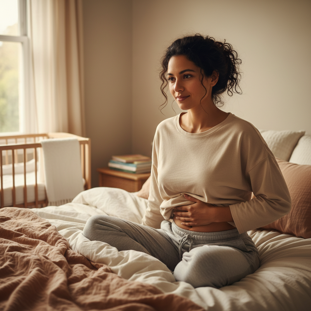 Postpartum mother resting with one hand near her healed C-section area during recovery