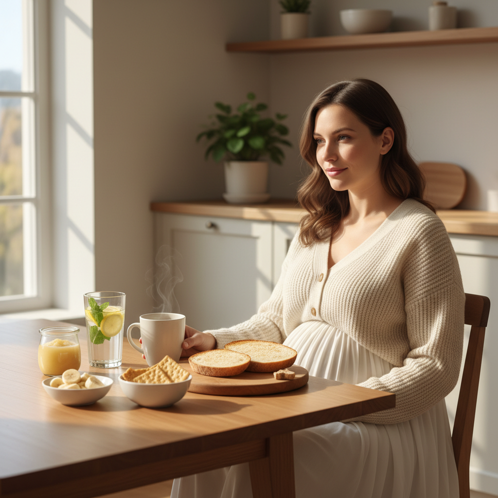 Pregnant woman with crackers, toast, banana, and ginger tea for morning sickness relief