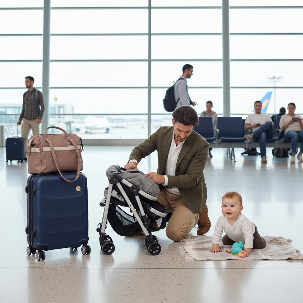 Parent folding a compact stroller at an airport gate before boarding