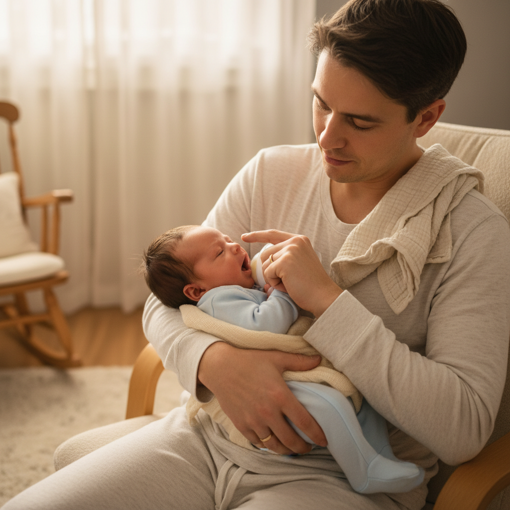 Parent pausing a newborn feeding to watch for fullness cues and overfeeding signs