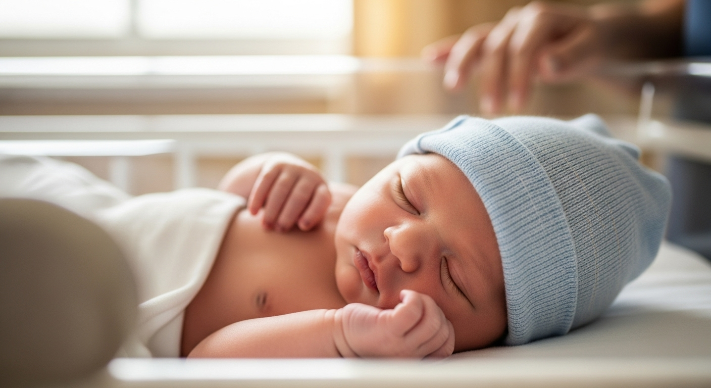 Newborn baby wearing a hospital hat during the early post-birth period