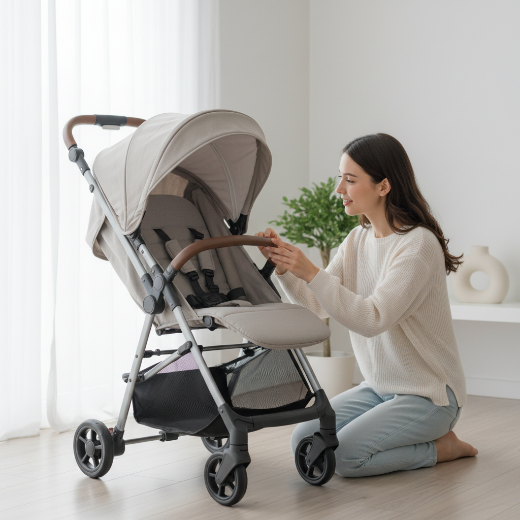 Mother inspecting a used baby stroller's harness before buying