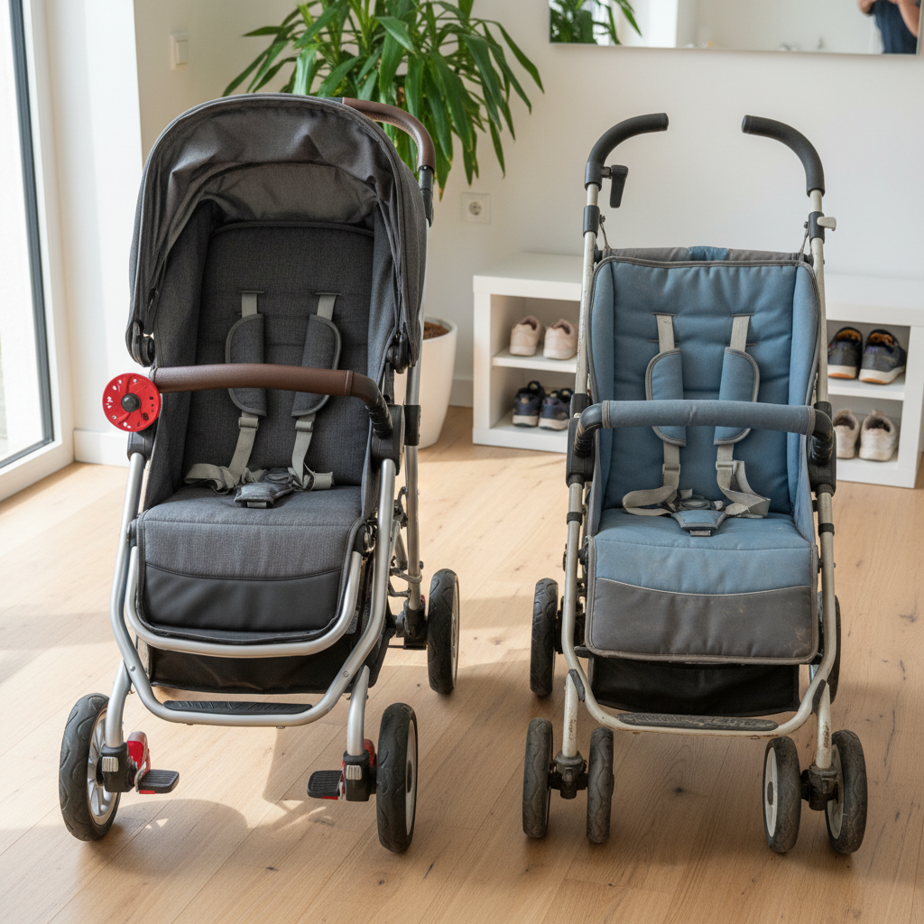 New stroller and gently used stroller side by side for a safety and value comparison