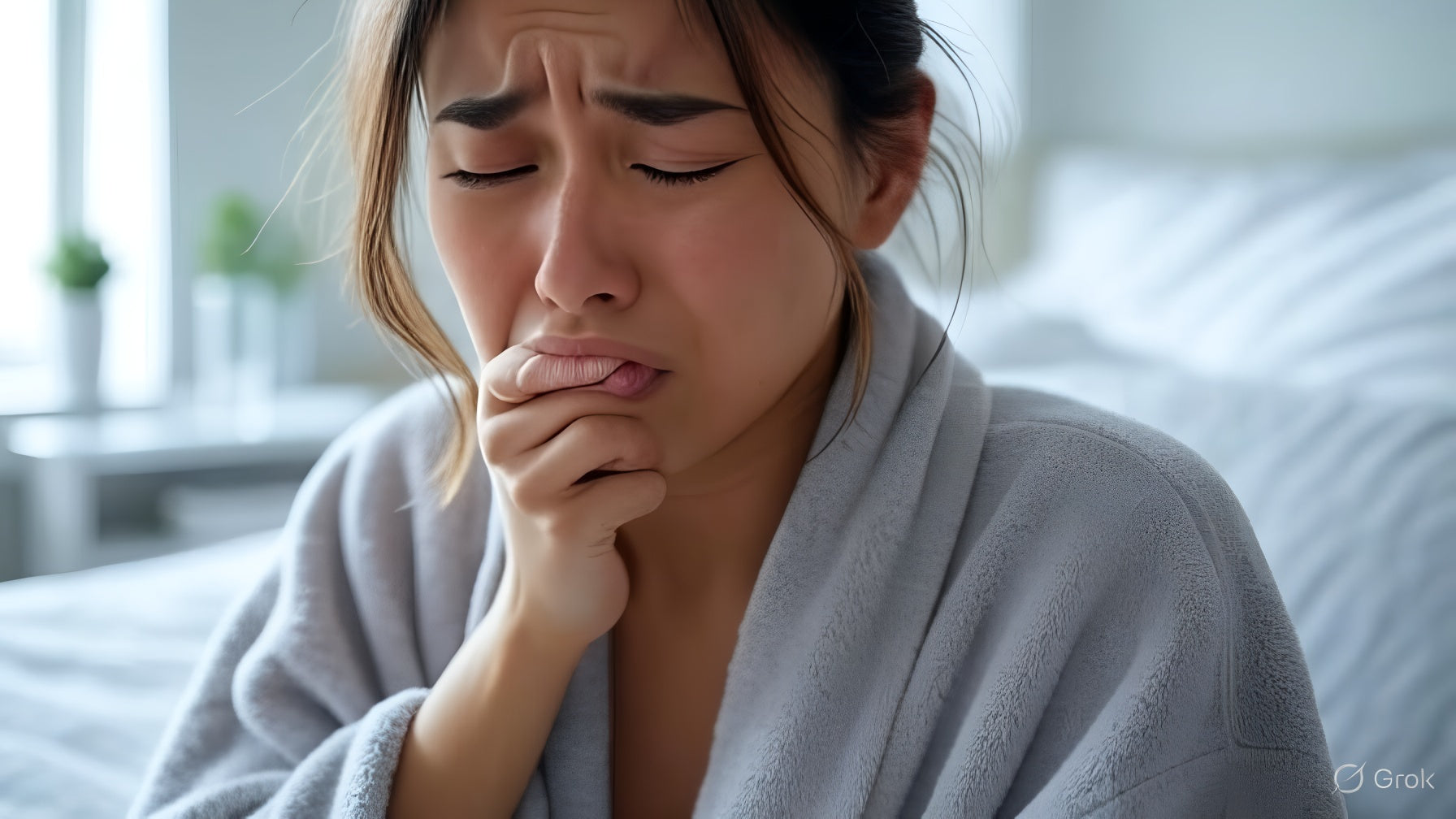 Postpartum mother resting while dealing with nausea symptoms