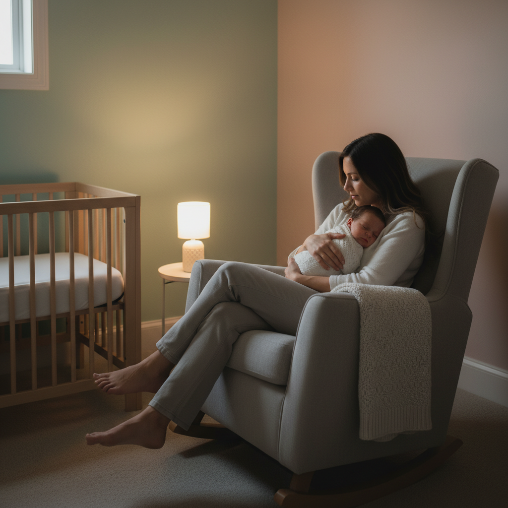 Mother rocking sleeping newborn in modern nursery glider chair at dusk