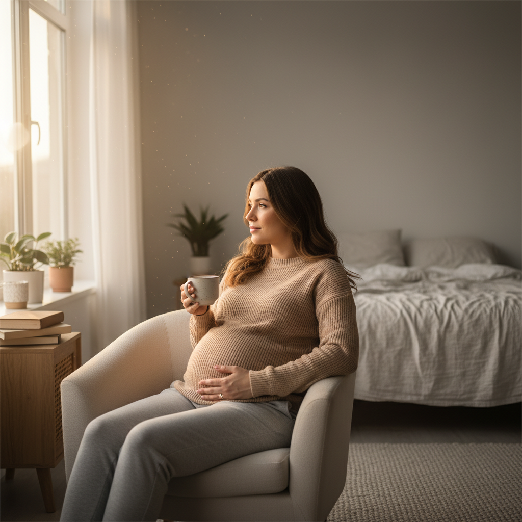 Woman in early pregnancy resting her hand on her belly by a sunlit window