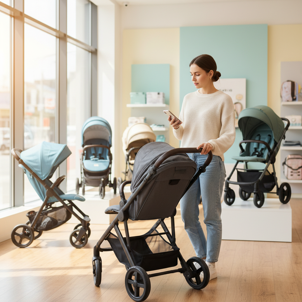 Mother taking a stroller quiz to find the best stroller for her family