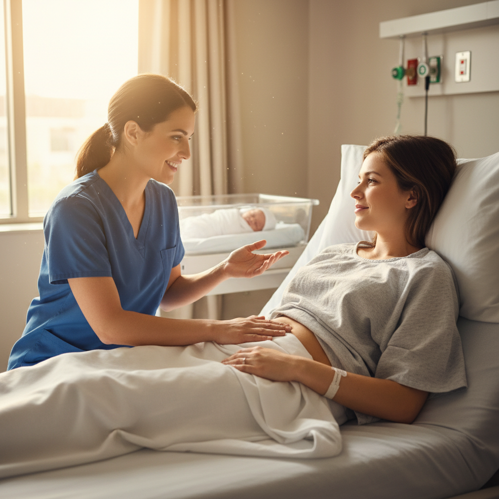 Nurse explaining a postpartum fundal check to a new mother in the hospital