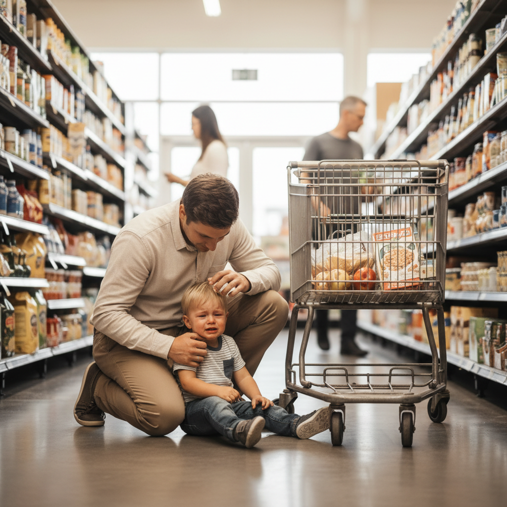 Calm parent helping an upset toddler during a public tantrum in a grocery store aisle