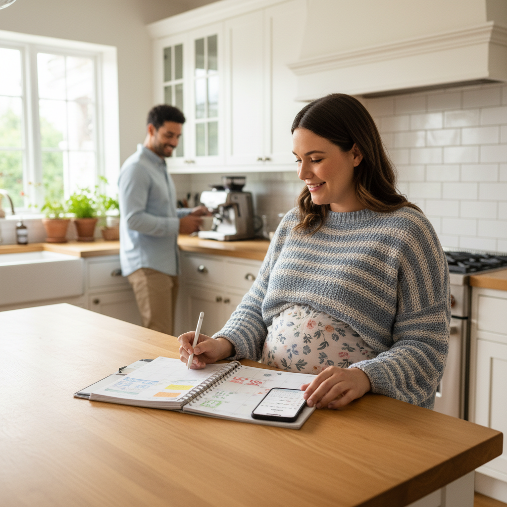 Pregnant woman using a planner and phone reminders to manage pregnancy brain