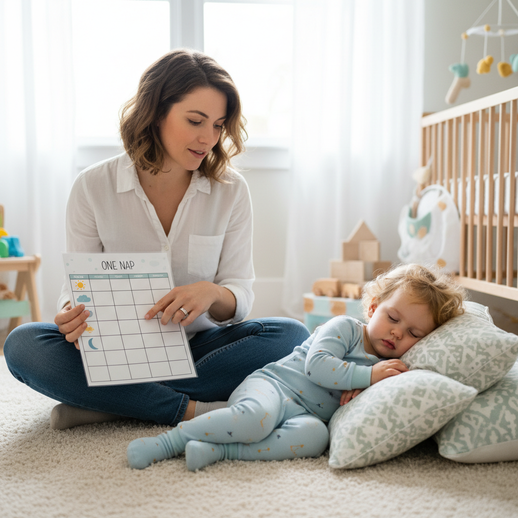 Parent planning a one-nap transition schedule for a toddler