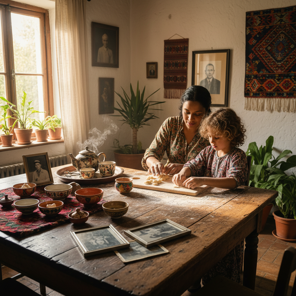 Parent and child sharing a meaningful family tradition at home