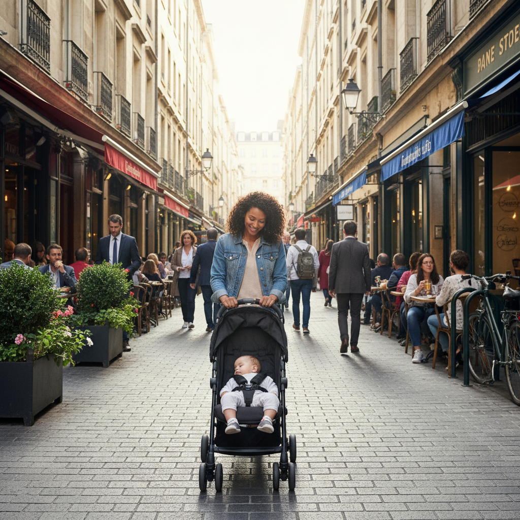 Parent pushing a compact travel stroller on a busy city sidewalk