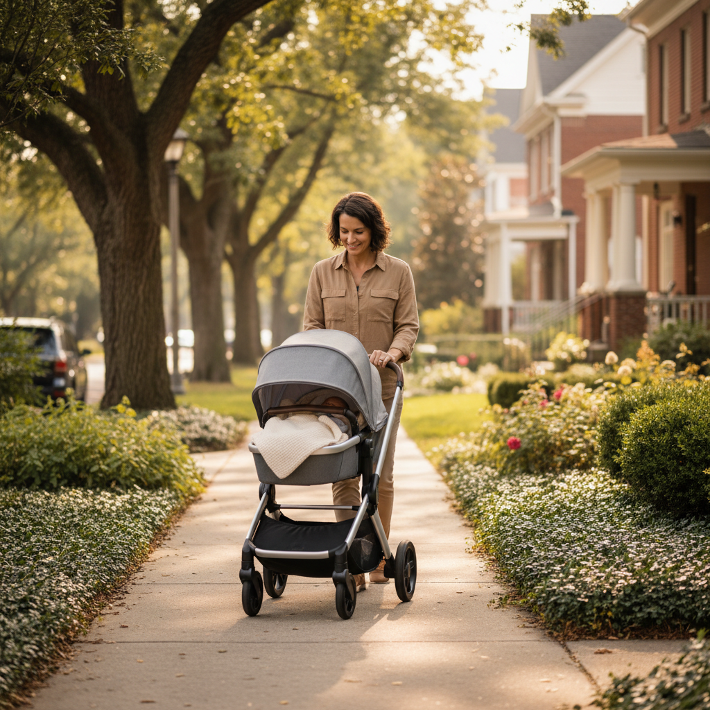 Parent supervising a calm stroller nap during a daytime outing