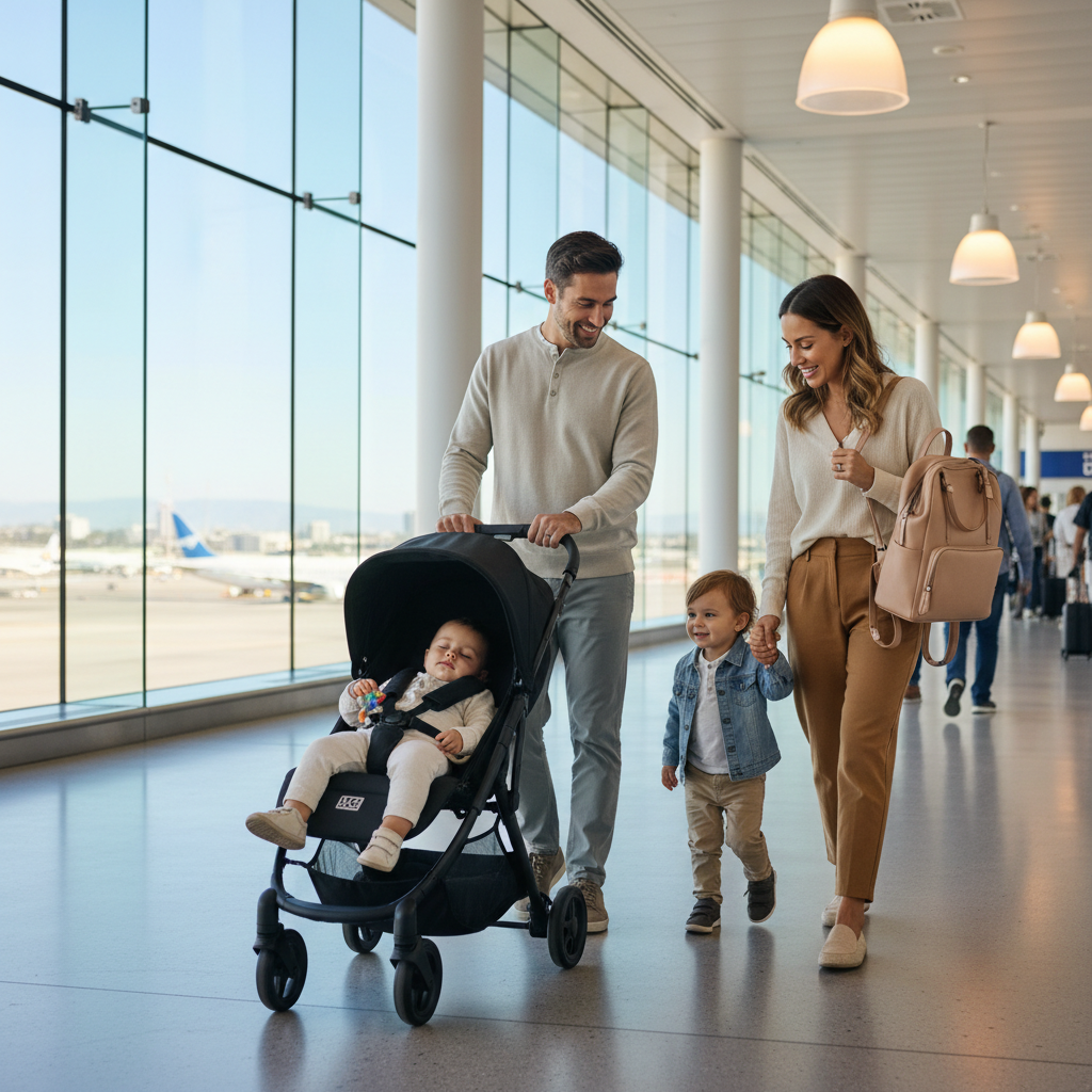 Parent pushing a compact travel stroller through an airport with a baby ready for family travel