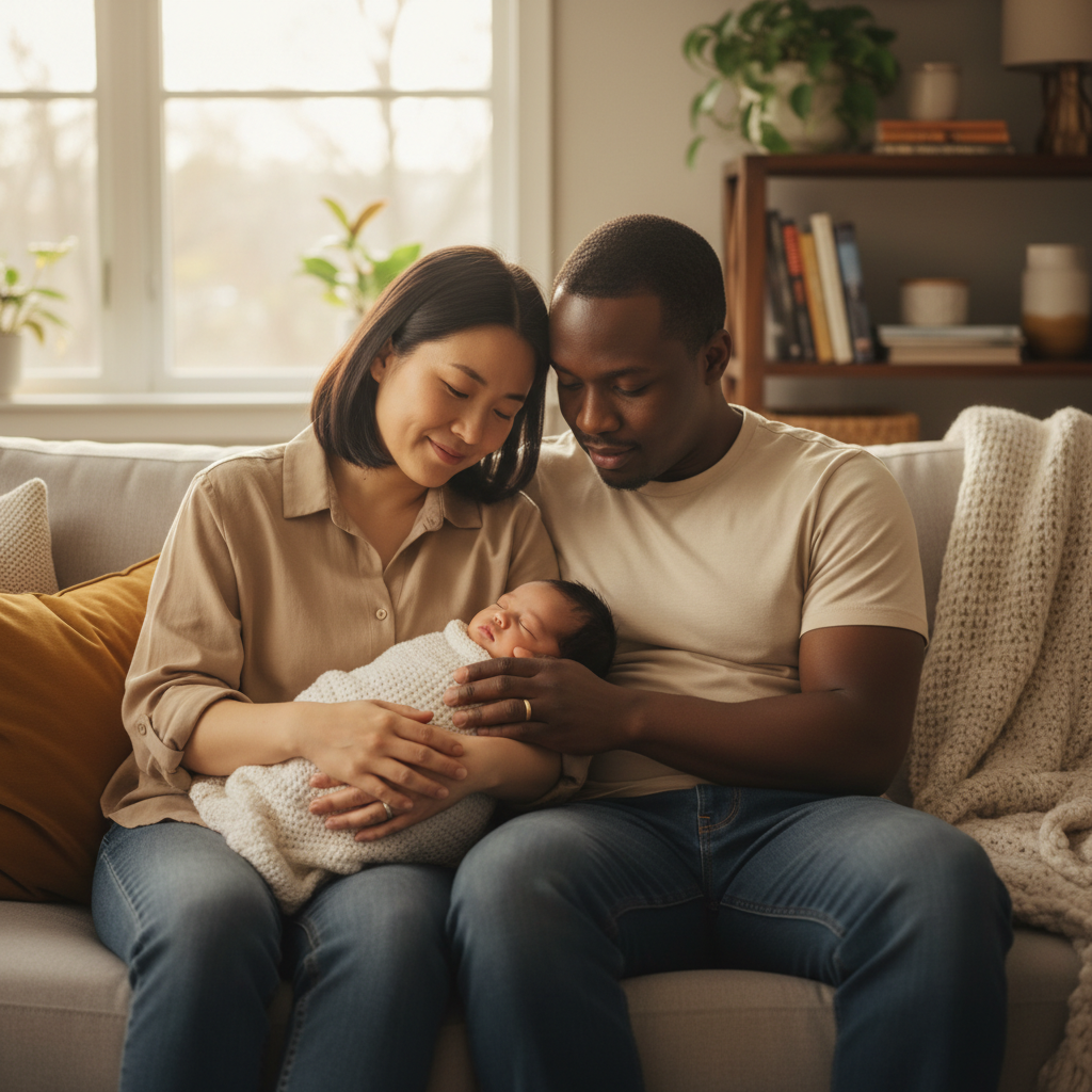 New parents sitting together on a couch with their sleeping newborn, sharing a quiet moment of connection