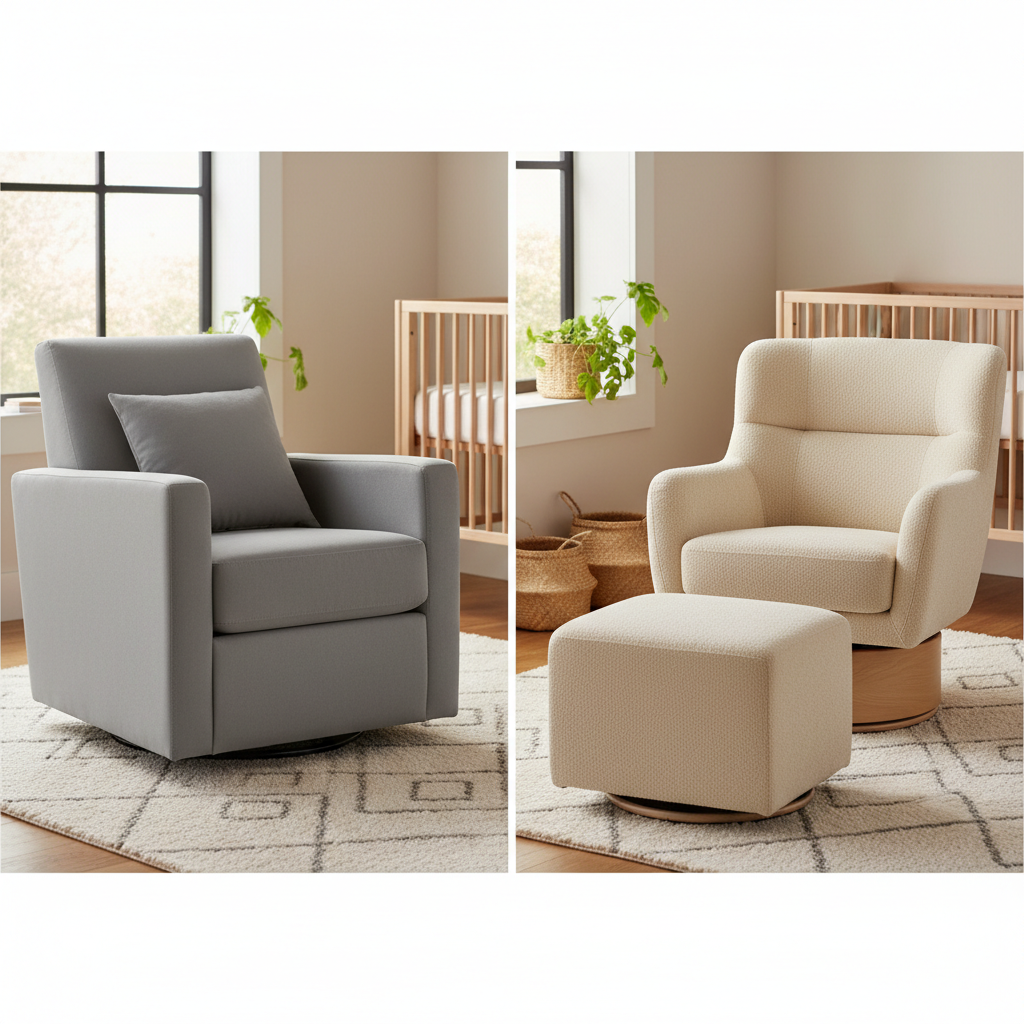 Budget nursing glider next to a luxury boucle nursing chair in a modern nursery, side-by-side comparison