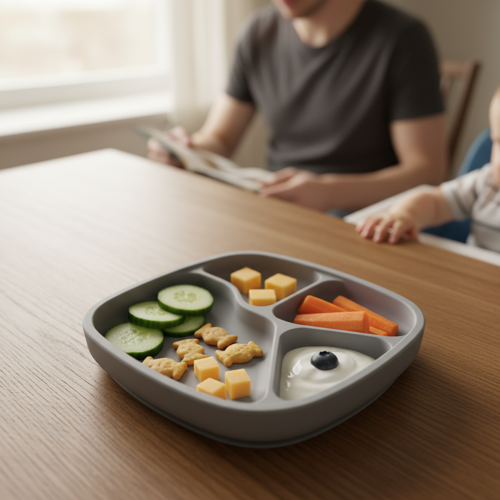 Simple divided toddler plate with easy meal ideas for a picky eater