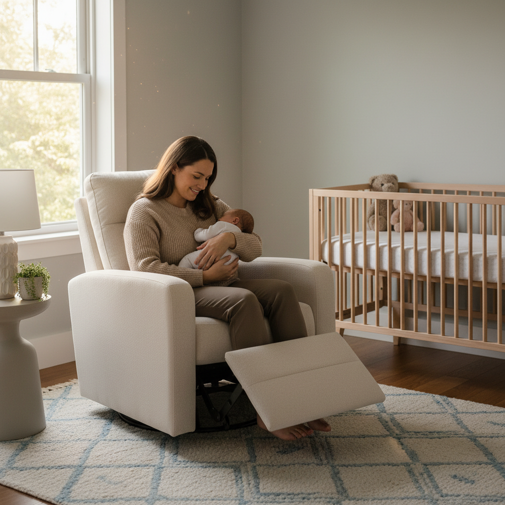 Parent using a nursery recliner in a calm, softly lit nursery