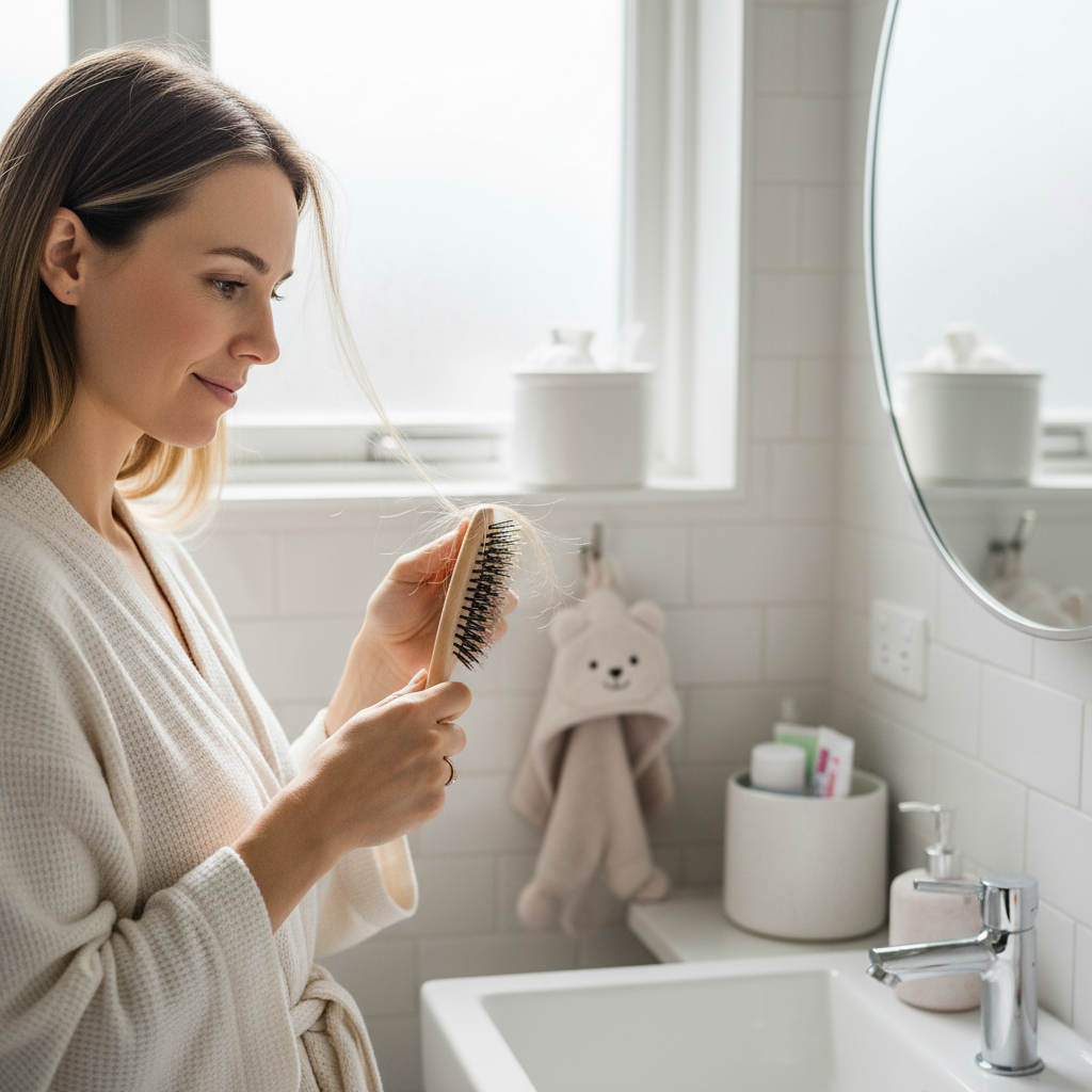 Postpartum mother noticing mild hair shedding while following a calm recovery routine