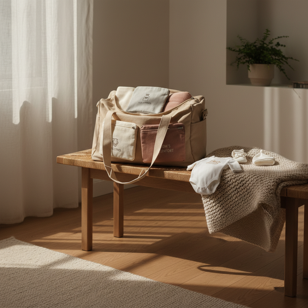 Packed hospital bag for mom and baby arranged on a bedroom bench before delivery