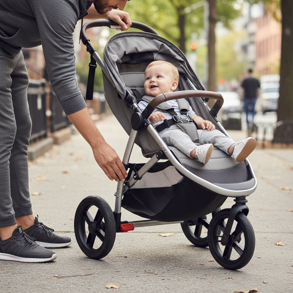 Parent checking the brake, harness, and fold lock on a stroller before a walk