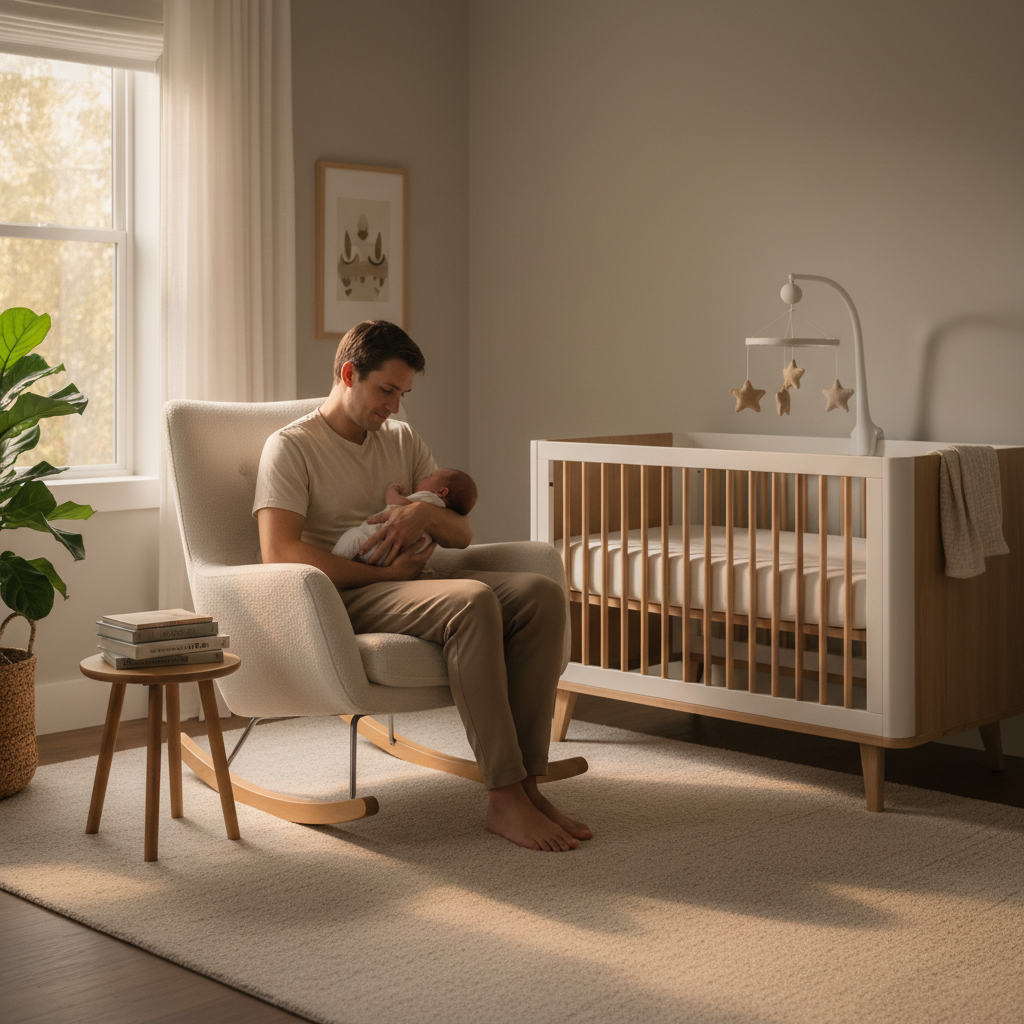 Parent soothing a baby in a rocking chair in a calm nursery