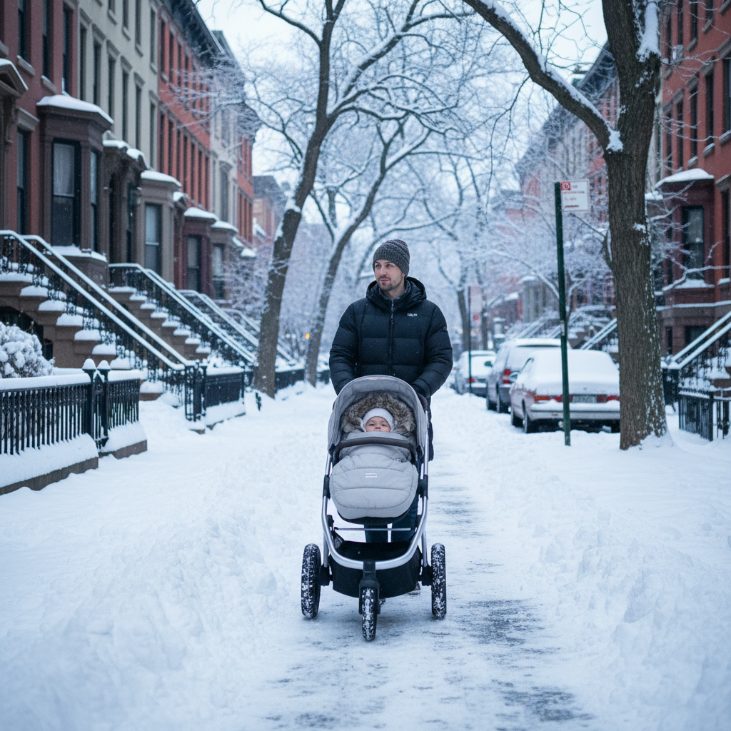 Parent pushing a winter-ready stroller on a snow-lined sidewalk