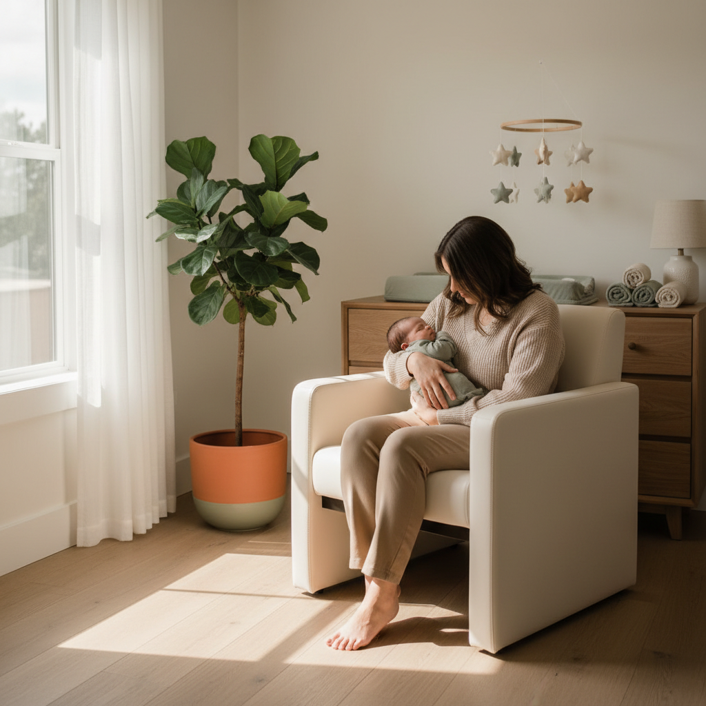 Parent holding sleeping newborn in a hypoallergenic nursing chair in a clean, minimal, neutral-toned nursery
