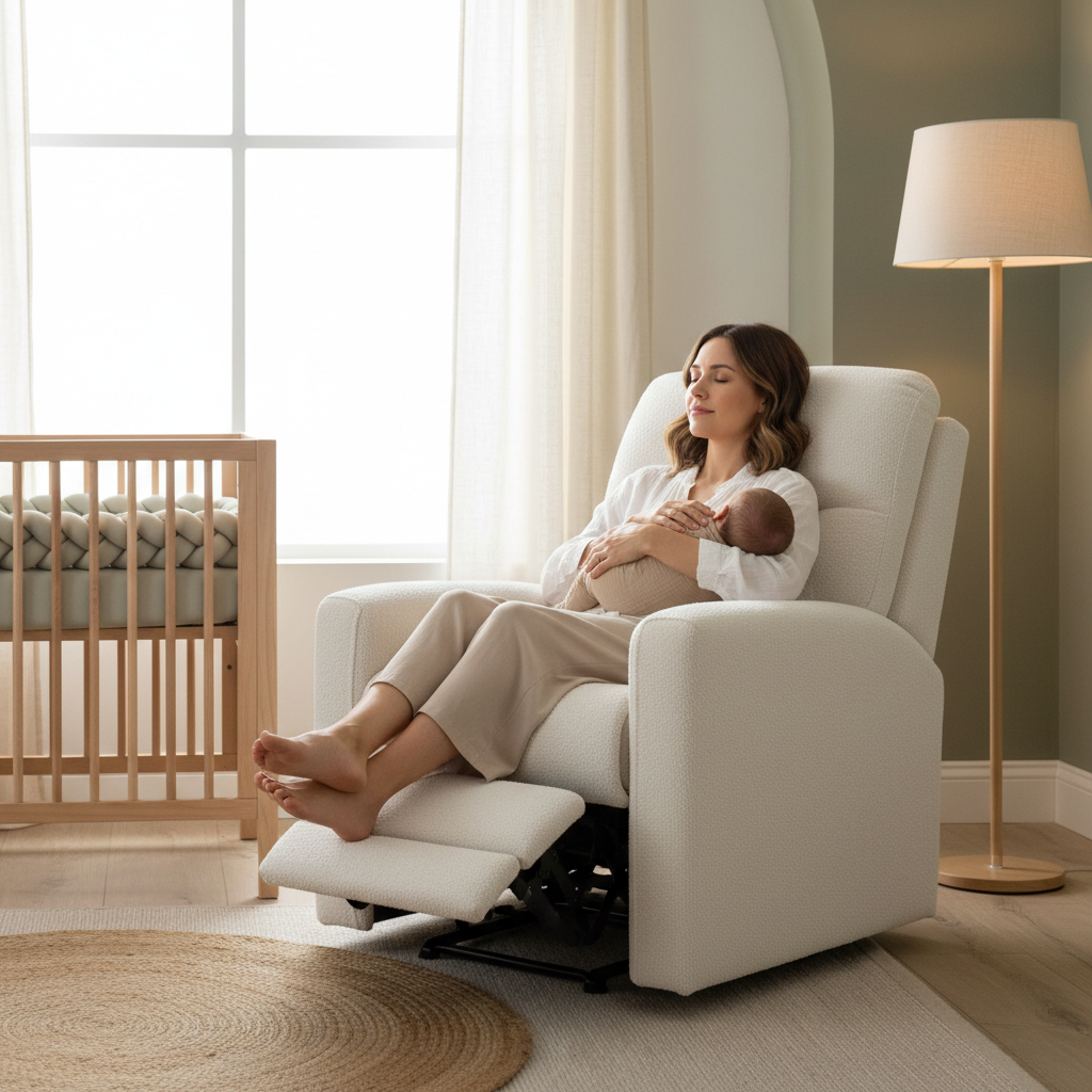 Lullapod nursery chair in a modern nursery with the recliner and arm support clearly visible