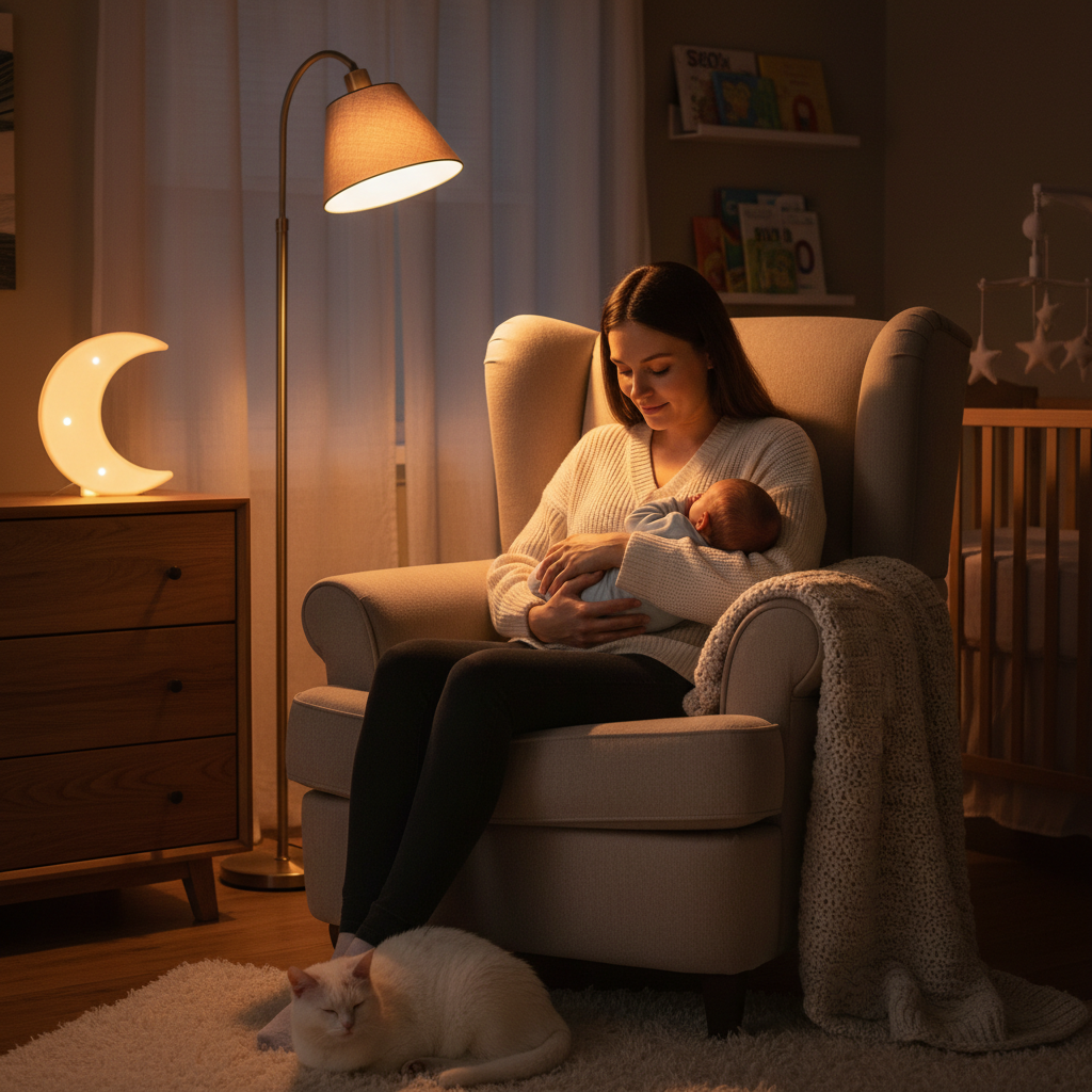 Mother in late-night feeding chair holding newborn under soft warm amber light