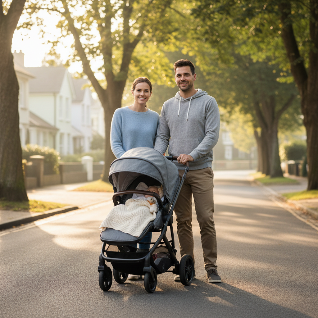 New parents taking a newborn on a calm shaded first walk outside