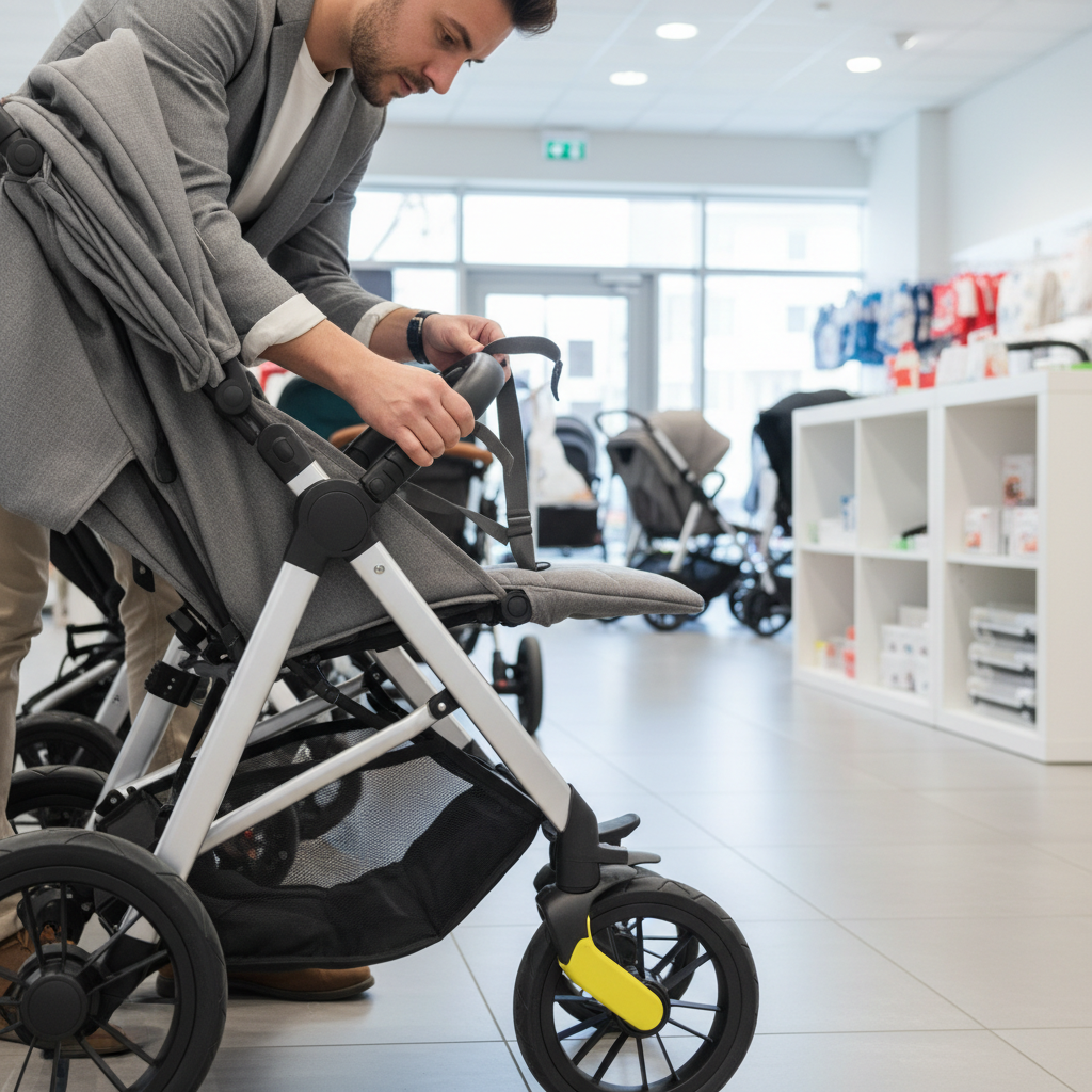 Parent checking the harness, brakes, and frame lock on a foldable stroller before buying