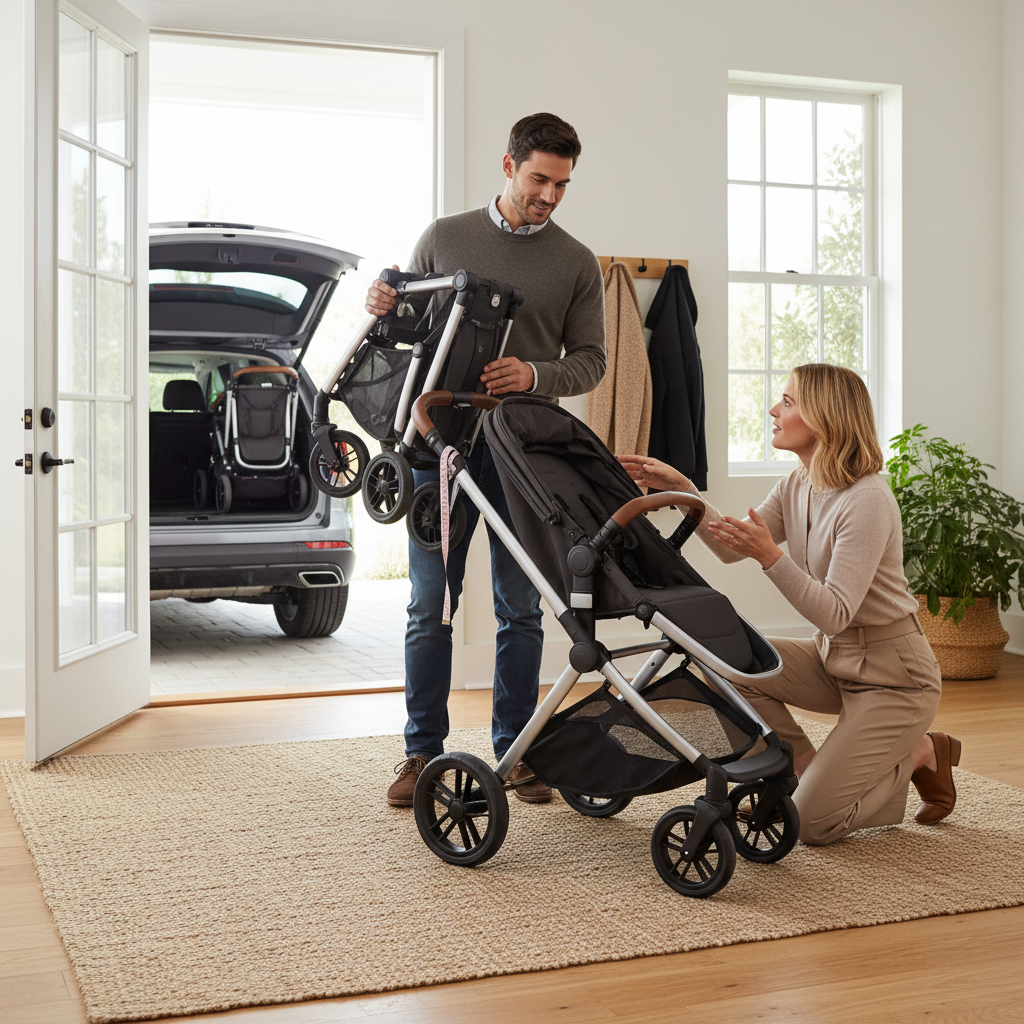 Parents comparing compact and full-size stroller sizes before loading the car