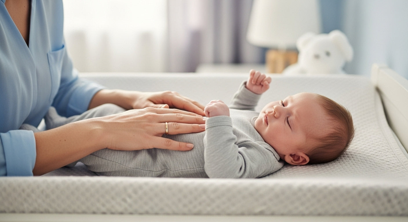 A parent gently massaging their newborn’s tummy to relieve gas, with a soothing, calm expression on both their faces