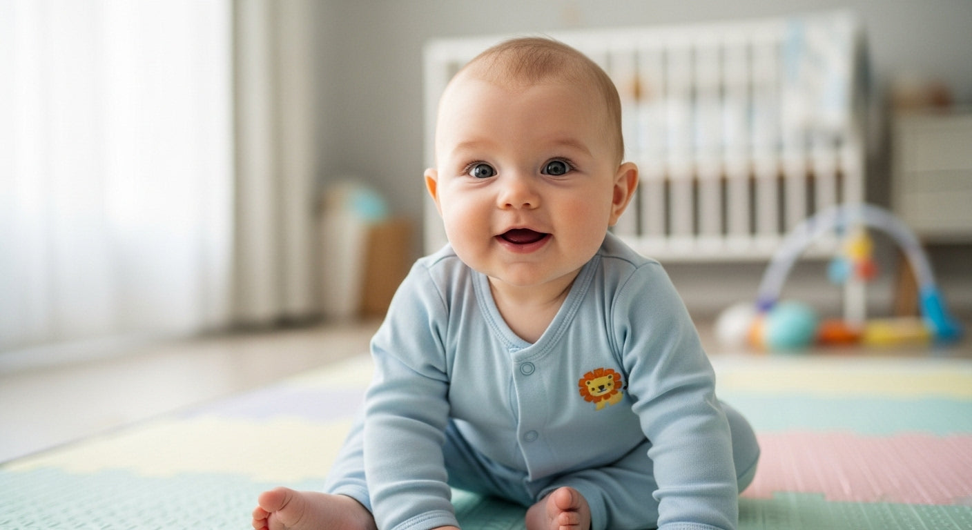 Baby practicing sitting with a parent nearby on the floor