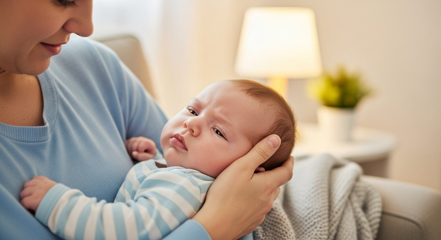 A concerned parent gently holding their baby, who shows signs of discomfort after feeding, while soothing with a calming touch