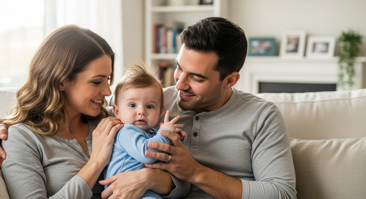 mom and dad hold the baby