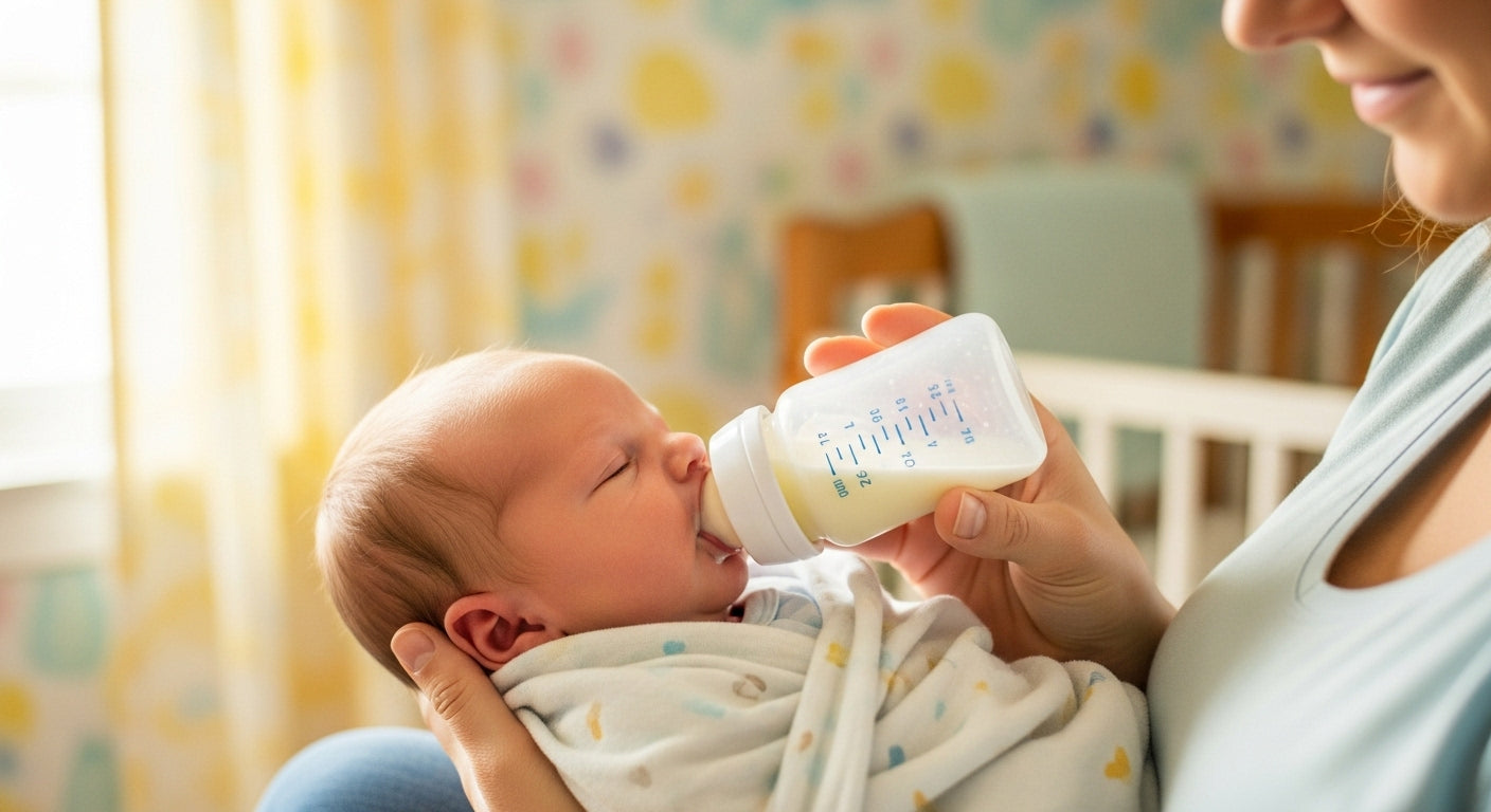 Newborn baby being gently bottle-fed by mother in cozy nursery