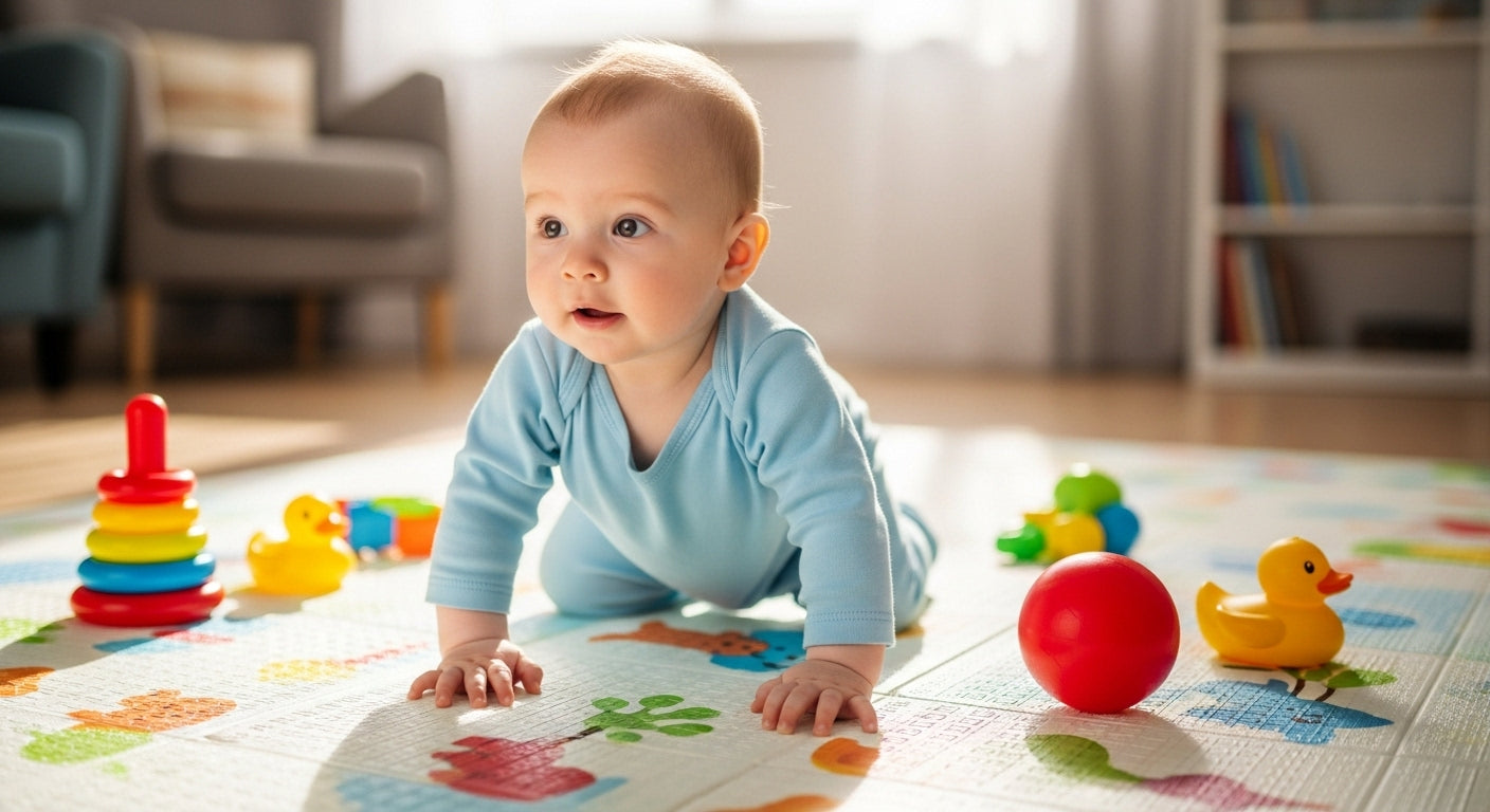 Baby beginning to crawl during floor play at home