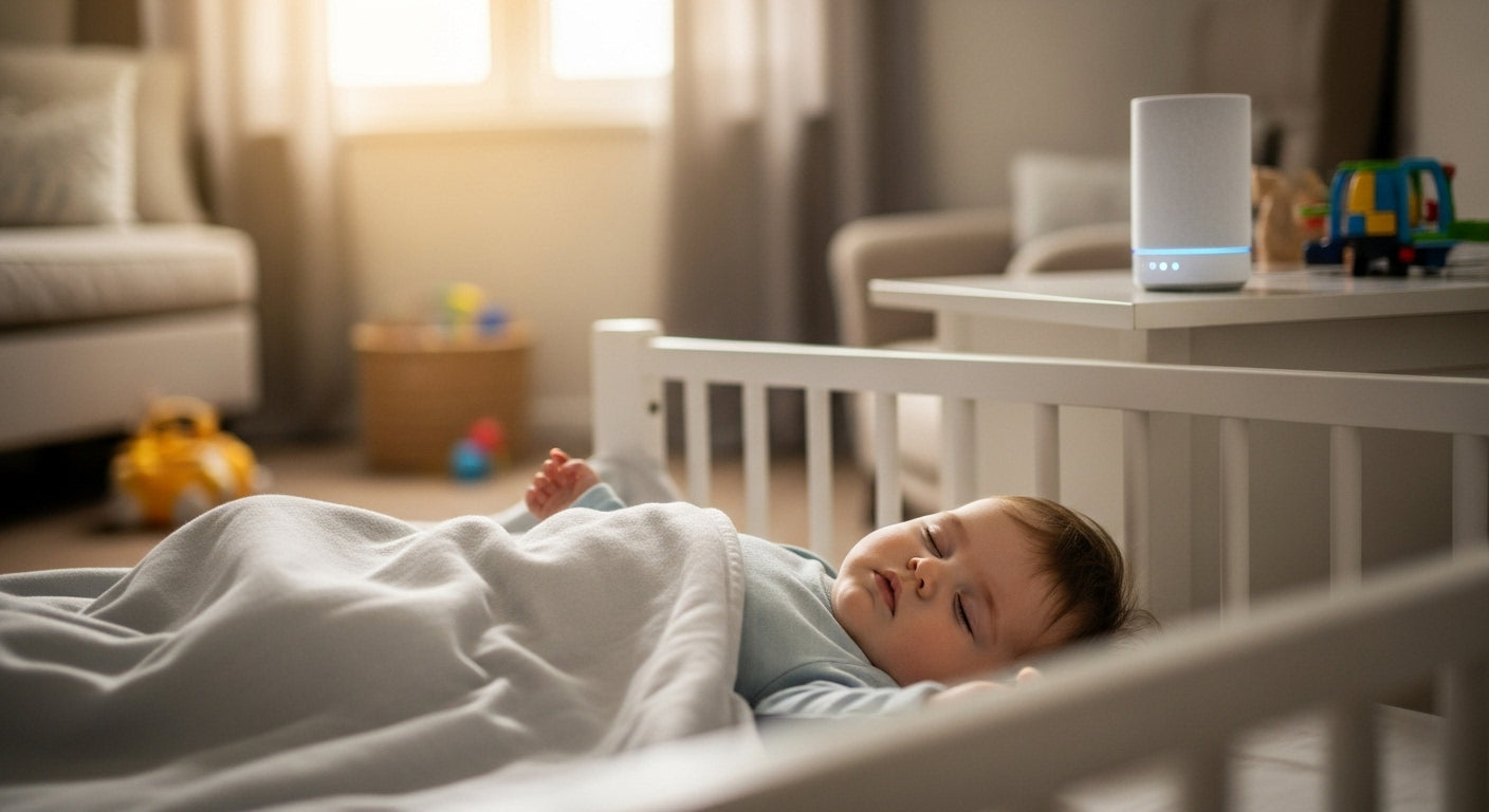 A baby sleeping peacefully in a crib with a white noise machine placed on a nearby table, illustrating safe use of white noise for baby sleep