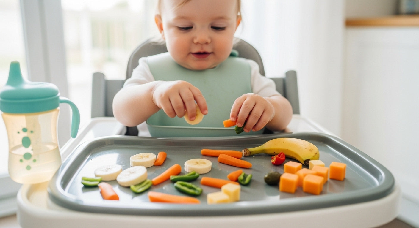 Happy toddler sitting in a high chair, picking up small colorful finger foods like banana slices, steamed carrots, and cheese cubes