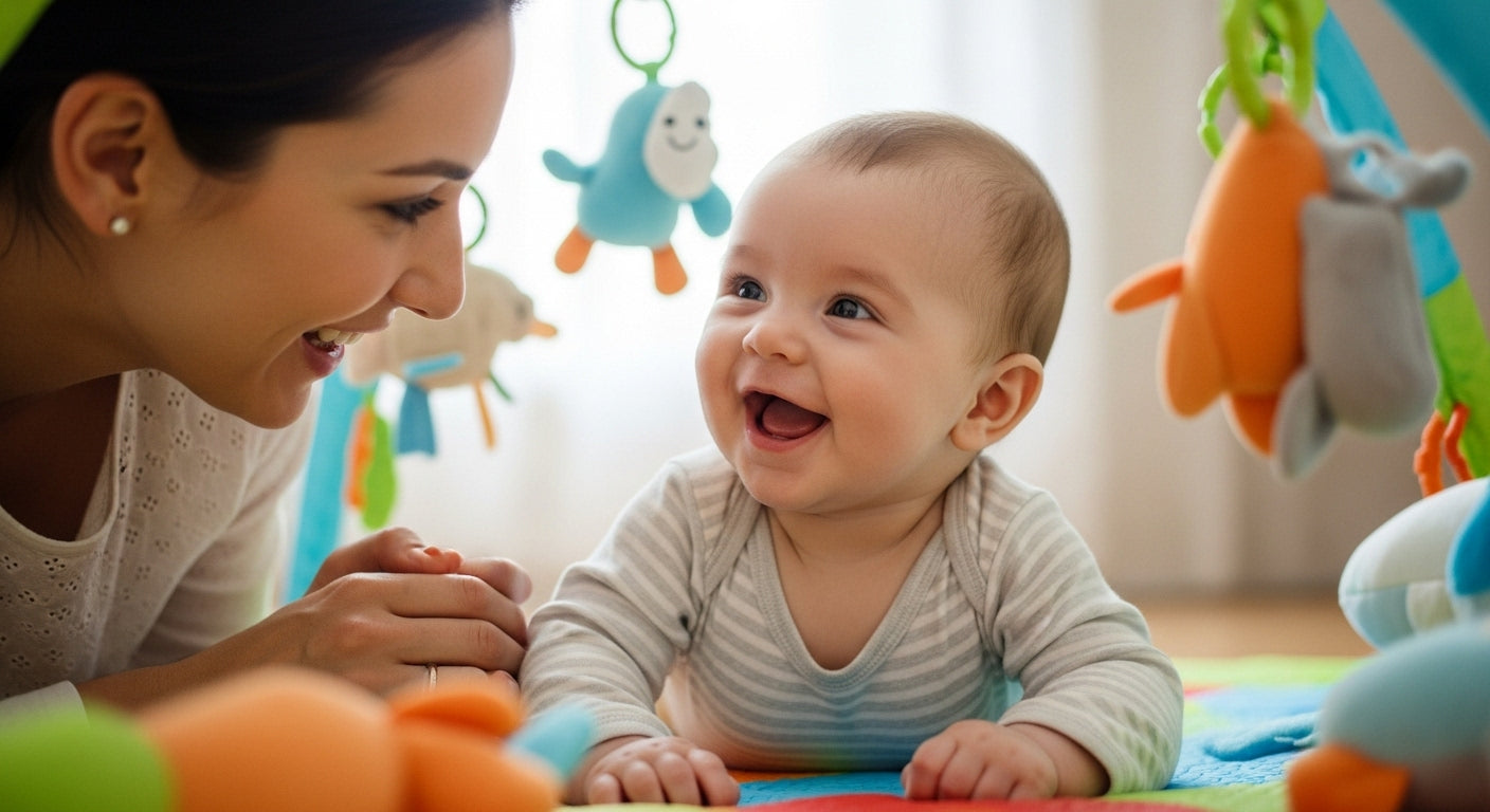 baby laughing when he playing with mom