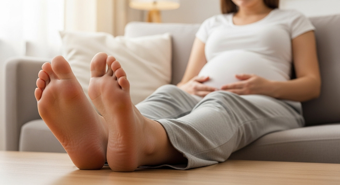 The pregnant woman sat on the sofa, her legs swollen.