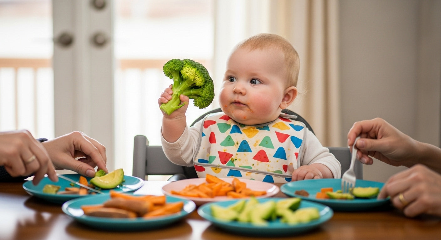 our 6-month-old confidently picking up steamed broccoli, exploring textures, and joining family meals without tears or airplane spoon games