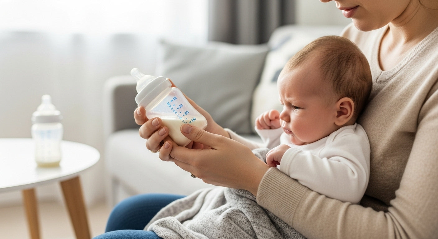 A tired parent gently holding a bottle in front of their newborn, who is turning away with a frustrated expression