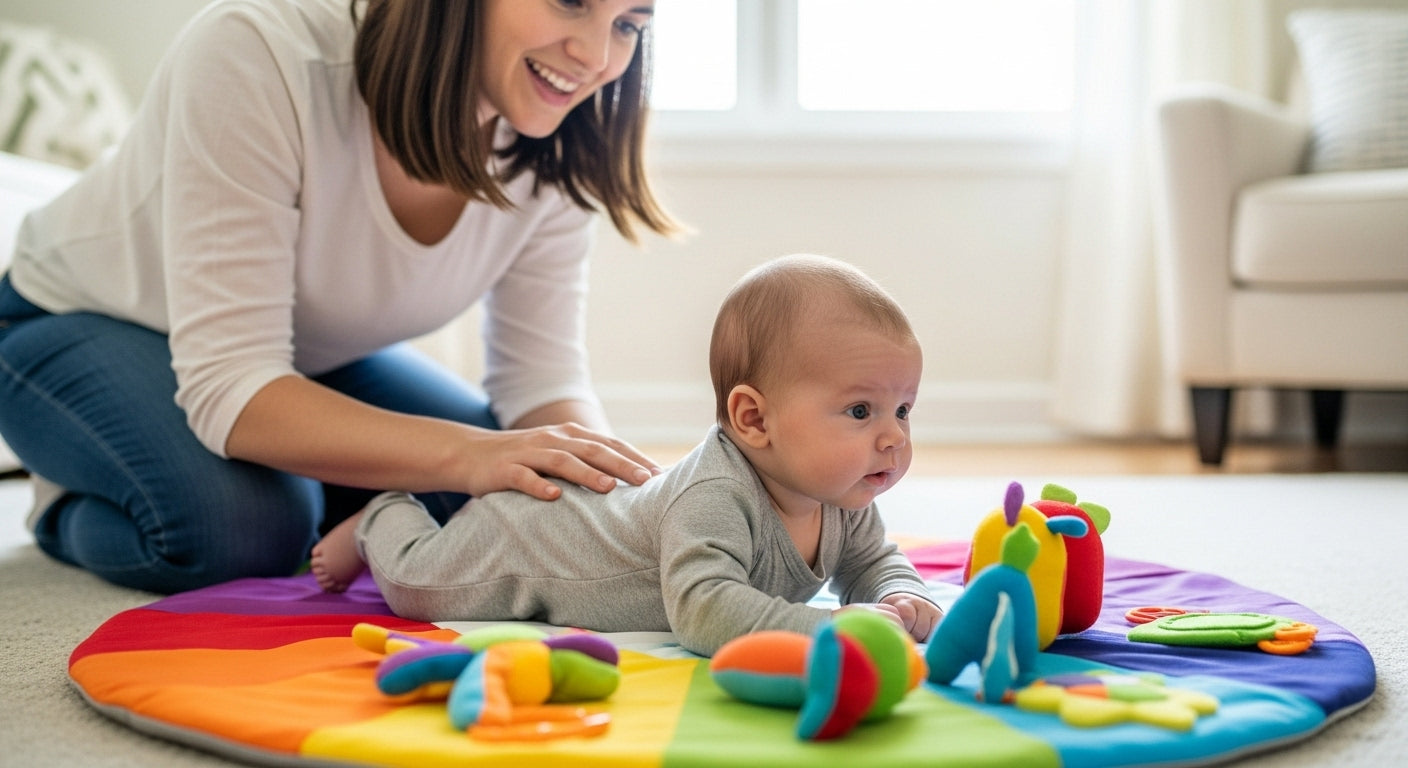 Newborn baby doing supervised tummy time on colorful play mat with mother providing encouragement and toys