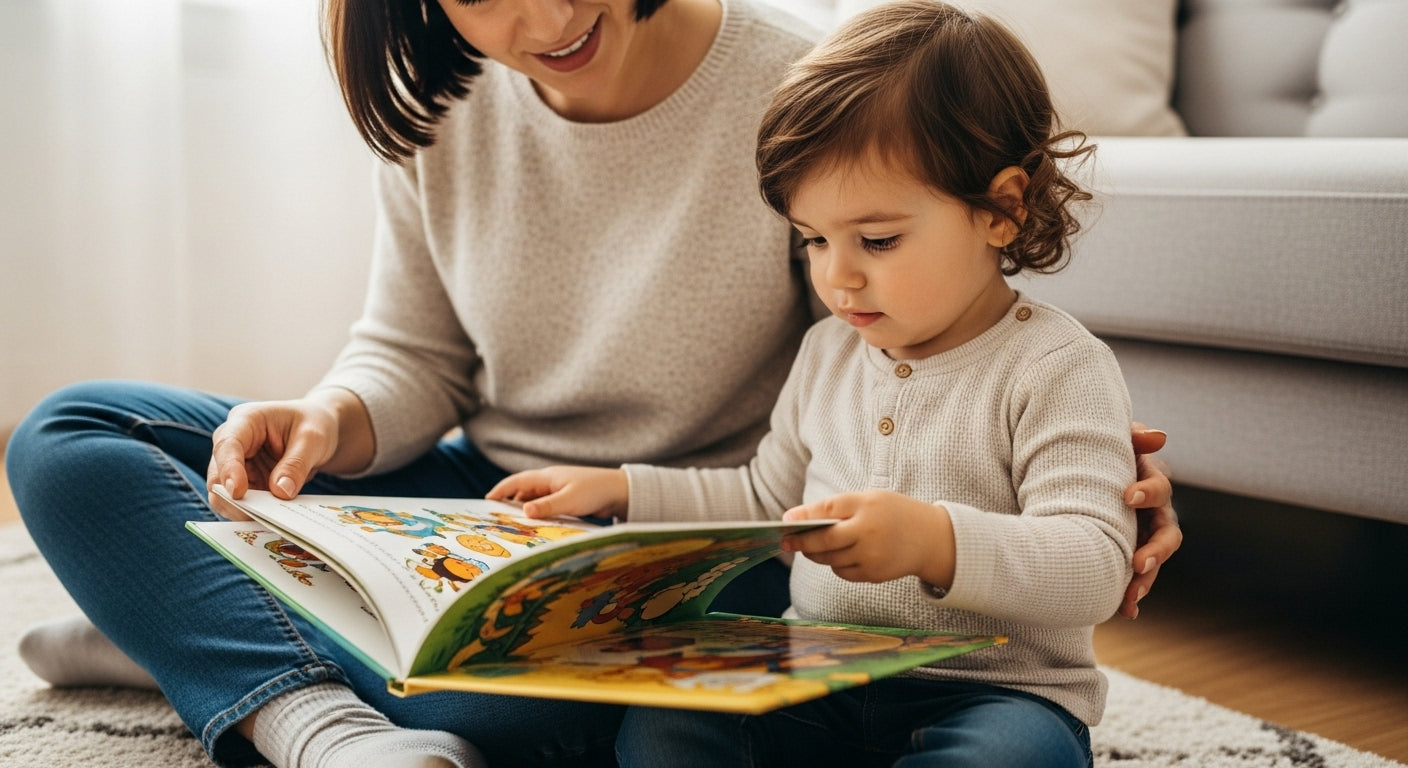 A parent reading a picture book to a young child, both sitting together on a soft rug